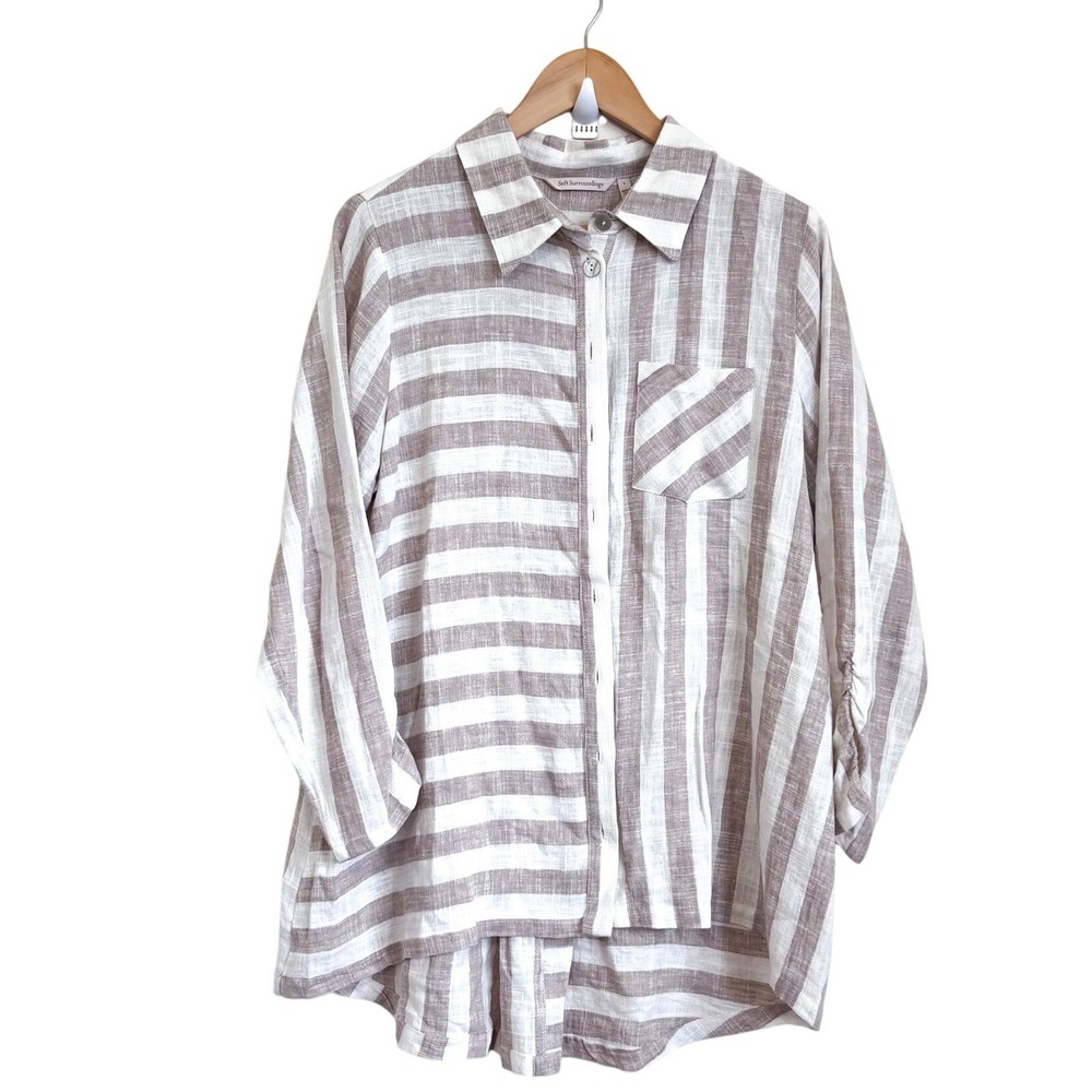 Soft Surrounding Womens Linen Euro Summer Lagenlook Shirt Large Striped Coastal